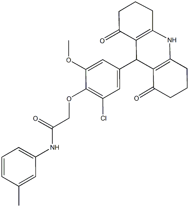 2-[2-chloro-4-(1,8-dioxo-1,2,3,4,5,6,7,8,9,10-decahydro-9-acridinyl)-6-methoxyphenoxy]-N-(3-methylphenyl)acetamide Struktur