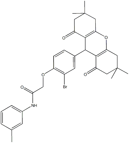 2-[2-bromo-4-(3,3,6,6-tetramethyl-1,8-dioxo-2,3,4,5,6,7,8,9-octahydro-1H-xanthen-9-yl)phenoxy]-N-(3-methylphenyl)acetamide Struktur