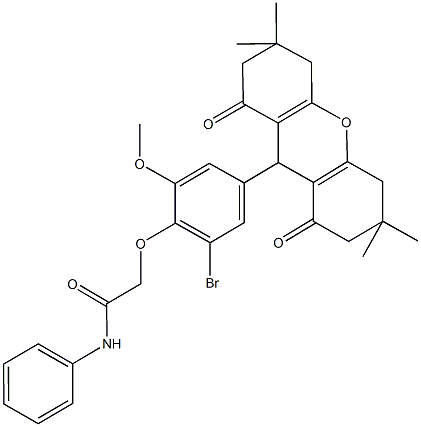 2-[2-bromo-6-methoxy-4-(3,3,6,6-tetramethyl-1,8-dioxo-2,3,4,5,6,7,8,9-octahydro-1H-xanthen-9-yl)phenoxy]-N-phenylacetamide Struktur