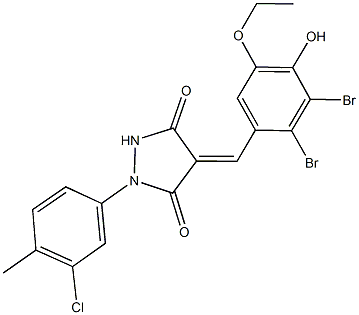 1-(3-chloro-4-methylphenyl)-4-(2,3-dibromo-5-ethoxy-4-hydroxybenzylidene)-3,5-pyrazolidinedione Struktur