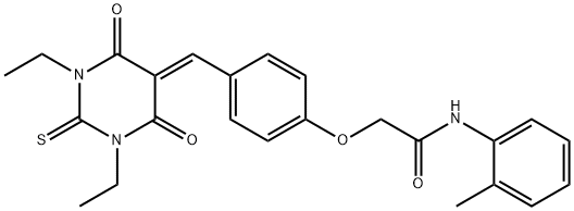 2-{4-[(1,3-diethyl-4,6-dioxo-2-thioxotetrahydro-5(2H)-pyrimidinylidene)methyl]phenoxy}-N-(2-methylphenyl)acetamide Struktur