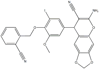 6-amino-8-{4-[(2-cyanobenzyl)oxy]-3-iodo-5-methoxyphenyl}-8H-[1,3]dioxolo[4,5-g]chromene-7-carbonitrile Struktur