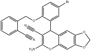 6-amino-8-{5-bromo-2-[(2-cyanobenzyl)oxy]phenyl}-8H-[1,3]dioxolo[4,5-g]chromene-7-carbonitrile Struktur