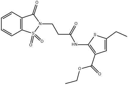 ethyl 2-{[3-(1,1-dioxido-3-oxo-1,2-benzisothiazol-2(3H)-yl)propanoyl]amino}-5-ethyl-3-thiophenecarboxylate Struktur