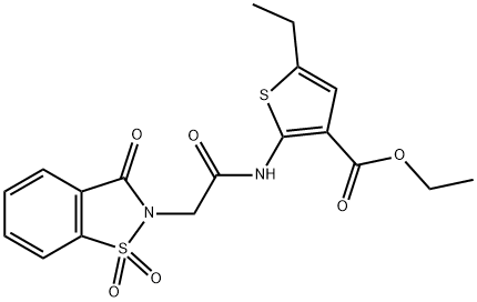 ethyl 2-{[(1,1-dioxido-3-oxo-1,2-benzisothiazol-2(3H)-yl)acetyl]amino}-5-ethyl-3-thiophenecarboxylate Struktur