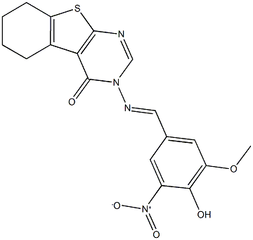 3-({4-hydroxy-3-nitro-5-methoxybenzylidene}amino)-5,6,7,8-tetrahydro[1]benzothieno[2,3-d]pyrimidin-4(3H)-one Struktur