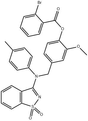 4-{[(1,1-dioxido-1,2-benzisothiazol-3-yl)-4-methylanilino]methyl}-2-methoxyphenyl 2-bromobenzoate Struktur