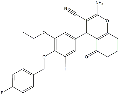 2-amino-4-{3-ethoxy-4-[(4-fluorobenzyl)oxy]-5-iodophenyl}-5-oxo-5,6,7,8-tetrahydro-4H-chromene-3-carbonitrile Struktur