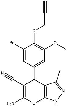 6-amino-4-[3-bromo-5-methoxy-4-(2-propynyloxy)phenyl]-3-methyl-1,4-dihydropyrano[2,3-c]pyrazole-5-carbonitrile Struktur