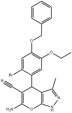 6-amino-4-[4-(benzyloxy)-2-bromo-5-ethoxyphenyl]-3-methyl-1,4-dihydropyrano[2,3-c]pyrazole-5-carbonitrile Struktur