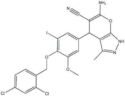 6-amino-4-{4-[(2,4-dichlorobenzyl)oxy]-3-iodo-5-methoxyphenyl}-3-methyl-1,4-dihydropyrano[2,3-c]pyrazole-5-carbonitrile Struktur