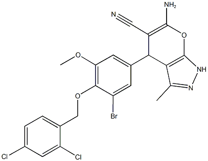 6-amino-4-{3-bromo-4-[(2,4-dichlorobenzyl)oxy]-5-methoxyphenyl}-3-methyl-1,4-dihydropyrano[2,3-c]pyrazole-5-carbonitrile Struktur