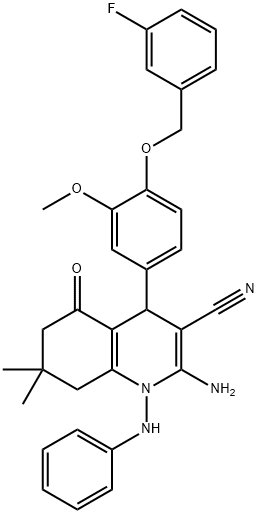 2-amino-1-anilino-4-{4-[(3-fluorobenzyl)oxy]-3-methoxyphenyl}-7,7-dimethyl-5-oxo-1,4,5,6,7,8-hexahydro-3-quinolinecarbonitrile Struktur