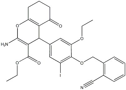 ethyl 2-amino-4-{4-[(2-cyanobenzyl)oxy]-3-ethoxy-5-iodophenyl}-5-oxo-5,6,7,8-tetrahydro-4H-chromene-3-carboxylate Struktur