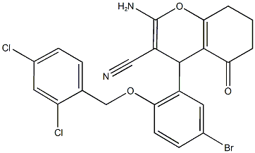 2-amino-4-{5-bromo-2-[(2,4-dichlorobenzyl)oxy]phenyl}-5-oxo-5,6,7,8-tetrahydro-4H-chromene-3-carbonitrile Struktur