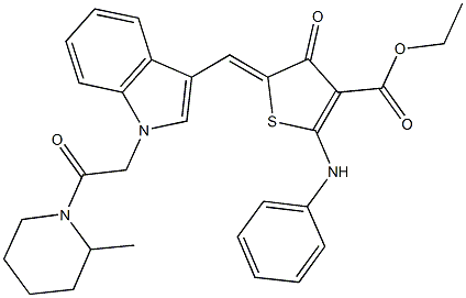 ethyl 2-anilino-5-({1-[2-(2-methyl-1-piperidinyl)-2-oxoethyl]-1H-indol-3-yl}methylene)-4-oxo-4,5-dihydro-3-thiophenecarboxylate Struktur