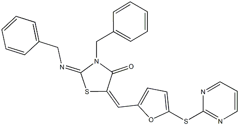 3-benzyl-2-(benzylimino)-5-{[5-(2-pyrimidinylsulfanyl)-2-furyl]methylene}-1,3-thiazolidin-4-one Struktur