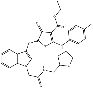 ethyl 4-oxo-5-[(1-{2-oxo-2-[(tetrahydro-2-furanylmethyl)amino]ethyl}-1H-indol-3-yl)methylene]-2-(4-toluidino)-4,5-dihydro-3-thiophenecarboxylate Struktur