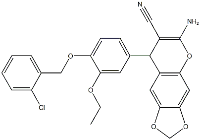 6-amino-8-{4-[(2-chlorobenzyl)oxy]-3-ethoxyphenyl}-8H-[1,3]dioxolo[4,5-g]chromene-7-carbonitrile Struktur