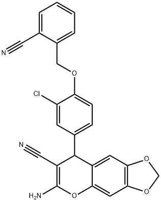 6-amino-8-{3-chloro-4-[(2-cyanobenzyl)oxy]phenyl}-8H-[1,3]dioxolo[4,5-g]chromene-7-carbonitrile Struktur