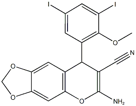 6-amino-8-(3,5-diiodo-2-methoxyphenyl)-8H-[1,3]dioxolo[4,5-g]chromene-7-carbonitrile Struktur