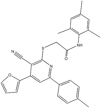 2-{[3-cyano-4-(2-furyl)-6-(4-methylphenyl)-2-pyridinyl]sulfanyl}-N-mesitylacetamide Struktur