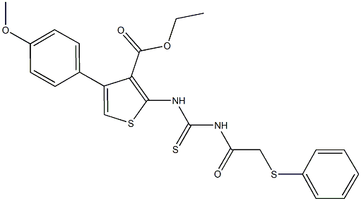 ethyl 4-(4-methoxyphenyl)-2-[({[(phenylsulfanyl)acetyl]amino}carbothioyl)amino]-3-thiophenecarboxylate Struktur