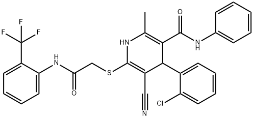 4-(2-chlorophenyl)-5-cyano-2-methyl-6-({2-oxo-2-[2-(trifluoromethyl)anilino]ethyl}sulfanyl)-N-phenyl-1,4-dihydro-3-pyridinecarboxamide Struktur