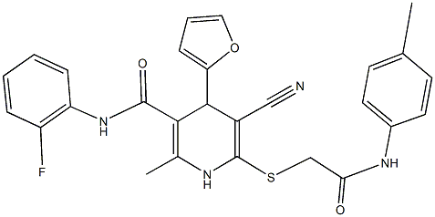 5-cyano-N-(2-fluorophenyl)-4-(2-furyl)-2-methyl-6-{[2-oxo-2-(4-toluidino)ethyl]sulfanyl}-1,4-dihydro-3-pyridinecarboxamide Struktur