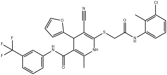 6-{[2-(3-chloro-2-methylanilino)-2-oxoethyl]sulfanyl}-5-cyano-4-(2-furyl)-2-methyl-N-[3-(trifluoromethyl)phenyl]-1,4-dihydro-3-pyridinecarboxamide Struktur