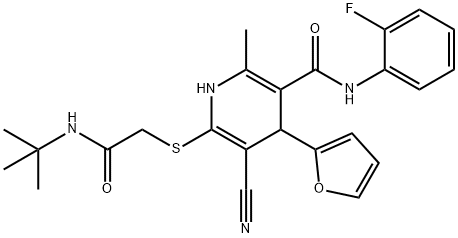 6-{[2-(tert-butylamino)-2-oxoethyl]sulfanyl}-5-cyano-N-(2-fluorophenyl)-4-(2-furyl)-2-methyl-1,4-dihydro-3-pyridinecarboxamide Struktur