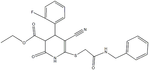 ethyl 6-{[2-(benzylamino)-2-oxoethyl]sulfanyl}-5-cyano-4-(2-fluorophenyl)-2-oxo-1,2,3,4-tetrahydro-3-pyridinecarboxylate Struktur