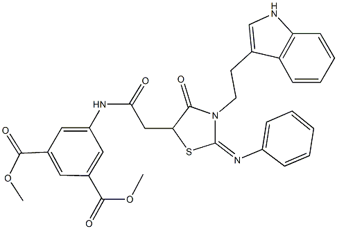 dimethyl 5-({[3-[2-(1H-indol-3-yl)ethyl]-4-oxo-2-(phenylimino)-1,3-thiazolidin-5-yl]acetyl}amino)isophthalate Struktur