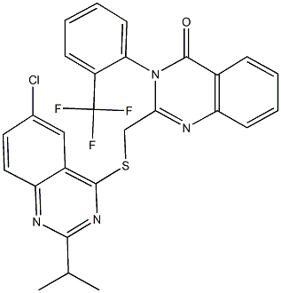 2-{[(6-chloro-2-isopropyl-4-quinazolinyl)sulfanyl]methyl}-3-[2-(trifluoromethyl)phenyl]-4(3H)-quinazolinone Struktur