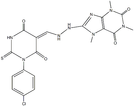 8-{2-[(1-(4-chlorophenyl)-4,6-dioxo-2-thioxotetrahydro-5(2H)-pyrimidinylidene)methyl]hydrazino}-1,3,7-trimethyl-3,7-dihydro-1H-purine-2,6-dione Struktur