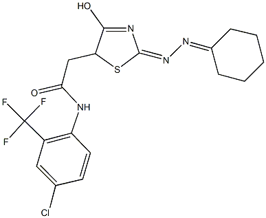 N-[4-chloro-2-(trifluoromethyl)phenyl]-2-[2-(cyclohexylidenehydrazono)-4-hydroxy-2,5-dihydro-1,3-thiazol-5-yl]acetamide Struktur