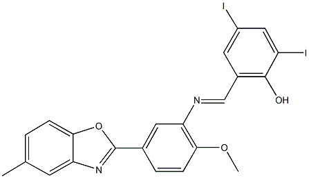 2,4-diiodo-6-({[2-methoxy-5-(5-methyl-1,3-benzoxazol-2-yl)phenyl]imino}methyl)phenol Struktur