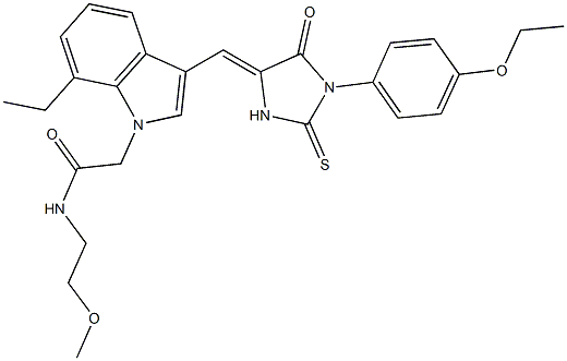 2-(3-{[1-(4-ethoxyphenyl)-5-oxo-2-thioxo-4-imidazolidinylidene]methyl}-7-ethyl-1H-indol-1-yl)-N-(2-methoxyethyl)acetamide Struktur