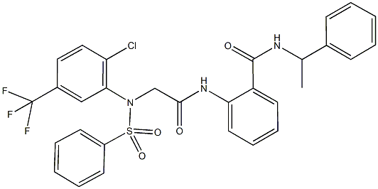 2-({[2-chloro(phenylsulfonyl)-5-(trifluoromethyl)anilino]acetyl}amino)-N-(1-phenylethyl)benzamide Struktur