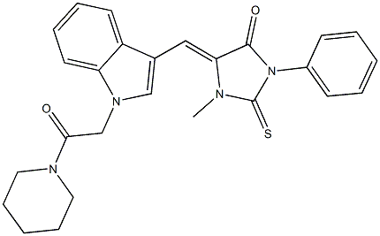 1-methyl-5-({1-[2-oxo-2-(1-piperidinyl)ethyl]-1H-indol-3-yl}methylene)-3-phenyl-2-thioxo-4-imidazolidinone Struktur