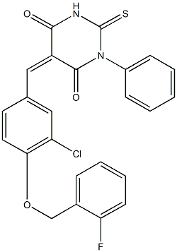 5-{3-chloro-4-[(2-fluorobenzyl)oxy]benzylidene}-1-phenyl-2-thioxodihydro-4,6(1H,5H)-pyrimidinedione Struktur