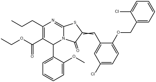 ethyl 2-{5-chloro-2-[(2-chlorobenzyl)oxy]benzylidene}-5-(2-methoxyphenyl)-3-oxo-7-propyl-2,3-dihydro-5H-[1,3]thiazolo[3,2-a]pyrimidine-6-carboxylate Struktur