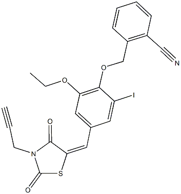 2-[(4-{[2,4-dioxo-3-(2-propynyl)-1,3-thiazolidin-5-ylidene]methyl}-2-ethoxy-6-iodophenoxy)methyl]benzonitrile Struktur