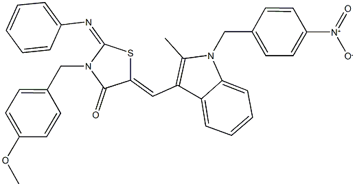 5-[(1-{4-nitrobenzyl}-2-methyl-1H-indol-3-yl)methylene]-3-(4-methoxybenzyl)-2-(phenylimino)-1,3-thiazolidin-4-one Struktur