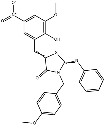 5-{2-hydroxy-5-nitro-3-methoxybenzylidene}-3-(4-methoxybenzyl)-2-(phenylimino)-1,3-thiazolidin-4-one Struktur