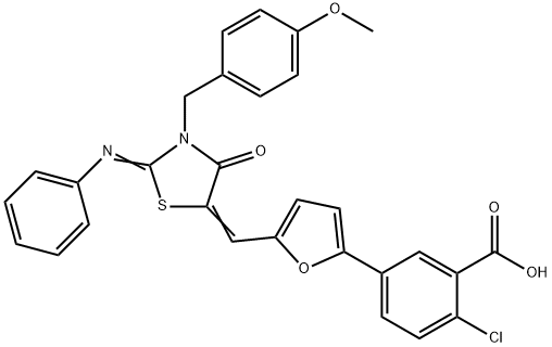 2-chloro-5-(5-{[3-(4-methoxybenzyl)-4-oxo-2-(phenylimino)-1,3-thiazolidin-5-ylidene]methyl}-2-furyl)benzoic acid Struktur