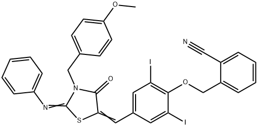 2-[(2,6-diiodo-4-{[3-(4-methoxybenzyl)-4-oxo-2-(phenylimino)-1,3-thiazolidin-5-ylidene]methyl}phenoxy)methyl]benzonitrile Struktur