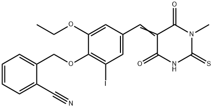 2-({2-ethoxy-6-iodo-4-[(1-methyl-4,6-dioxo-2-thioxotetrahydro-5(2H)-pyrimidinylidene)methyl]phenoxy}methyl)benzonitrile Struktur