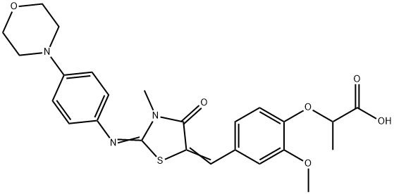 2-[2-methoxy-4-({3-methyl-2-[(4-morpholin-4-ylphenyl)imino]-4-oxo-1,3-thiazolidin-5-ylidene}methyl)phenoxy]propanoic acid Struktur