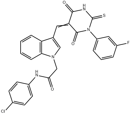 N-(4-chlorophenyl)-2-{3-[(1-(3-fluorophenyl)-4,6-dioxo-2-thioxotetrahydropyrimidin-5(2H)-ylidene)methyl]-1H-indol-1-yl}acetamide Struktur